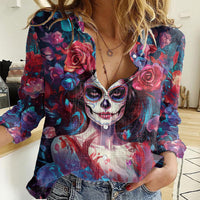 Day of Dead Lady Women Casual Shirt Sugar Skull Field Rose Lady - Wonder Print Shop