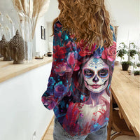 Day of Dead Lady Women Casual Shirt Sugar Skull Field Rose Lady - Wonder Print Shop