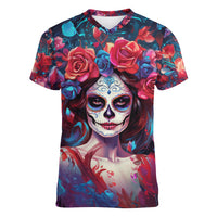 Day of Dead Lady Women V Neck T Shirt Sugar Skull Field Rose Lady - Wonder Print Shop