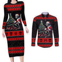 Christmas Skull Couples Matching Long Sleeve Bodycon Dress and Long Sleeve Button Shirt Santa Skull Prepairing For Christmas - Wonder Print Shop