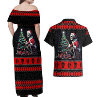 Christmas Skull Couples Matching Off Shoulder Maxi Dress and Hawaiian Shirt Santa Skull Prepairing For Christmas - Wonder Print Shop