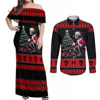 Christmas Skull Couples Matching Off Shoulder Maxi Dress and Long Sleeve Button Shirt Santa Skull Prepairing For Christmas - Wonder Print Shop