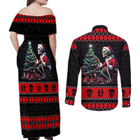 Christmas Skull Couples Matching Off Shoulder Maxi Dress and Long Sleeve Button Shirt Santa Skull Prepairing For Christmas - Wonder Print Shop
