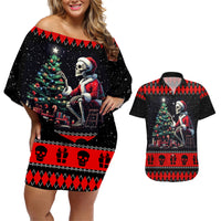 Christmas Skull Couples Matching Off Shoulder Short Dress and Hawaiian Shirt Santa Skull Prepairing For Christmas - Wonder Print Shop