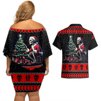 Christmas Skull Couples Matching Off Shoulder Short Dress and Hawaiian Shirt Santa Skull Prepairing For Christmas - Wonder Print Shop