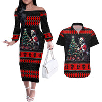 Christmas Skull Couples Matching Off The Shoulder Long Sleeve Dress and Hawaiian Shirt Santa Skull Prepairing For Christmas - Wonder Print Shop