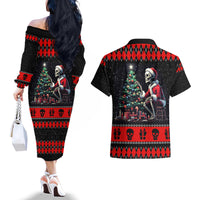 Christmas Skull Couples Matching Off The Shoulder Long Sleeve Dress and Hawaiian Shirt Santa Skull Prepairing For Christmas - Wonder Print Shop