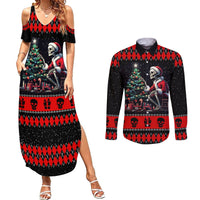 Christmas Skull Couples Matching Summer Maxi Dress and Long Sleeve Button Shirt Santa Skull Prepairing For Christmas - Wonder Print Shop