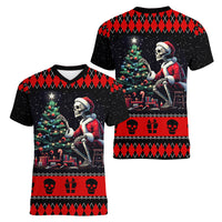 Christmas Skull Women V Neck T Shirt Santa Skull Prepairing For Christmas - Wonder Print Shop