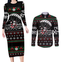 Christmas Skull Couples Matching Long Sleeve Bodycon Dress and Long Sleeve Button Shirt Santa Skull Jumps In Parachute - Wonder Print Shop
