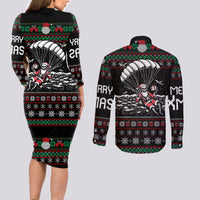 Christmas Skull Couples Matching Long Sleeve Bodycon Dress and Long Sleeve Button Shirt Santa Skull Jumps In Parachute - Wonder Print Shop