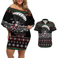 Christmas Skull Couples Matching Off Shoulder Short Dress and Hawaiian Shirt Santa Skull Jumps In Parachute - Wonder Print Shop