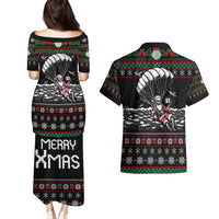 Christmas Skull Couples Matching Puletasi Dress and Hawaiian Shirt Santa Skull Jumps In Parachute - Wonder Print Shop