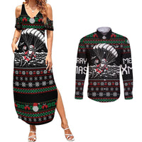 Christmas Skull Couples Matching Summer Maxi Dress and Long Sleeve Button Shirt Santa Skull Jumps In Parachute - Wonder Print Shop