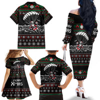 Christmas Skull Family Matching Off Shoulder Long Sleeve Dress and Hawaiian Shirt Santa Skull Jumps In Parachute - Wonder Print Shop