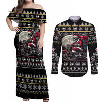 Christmas Skull Couples Matching Off Shoulder Maxi Dress and Long Sleeve Button Shirt Santa Skull Ride Motorbike - Wonder Print Shop