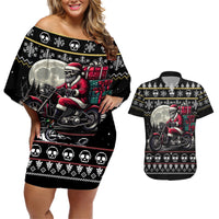 Christmas Skull Couples Matching Off Shoulder Short Dress and Hawaiian Shirt Santa Skull Ride Motorbike - Wonder Print Shop