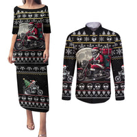 Christmas Skull Couples Matching Puletasi Dress and Long Sleeve Button Shirt Santa Skull Ride Motorbike - Wonder Print Shop