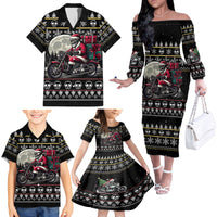 Christmas Skull Family Matching Off Shoulder Long Sleeve Dress and Hawaiian Shirt Santa Skull Ride Motorbike - Wonder Print Shop