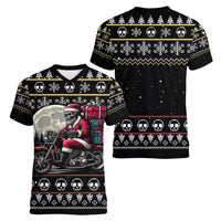 Christmas Skull Women V Neck T Shirt Santa Skull Ride Motorbike - Wonder Print Shop