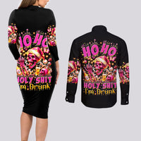 Christmas Skull Couples Matching Long Sleeve Bodycon Dress and Long Sleeve Button Shirt Ho Ho Holy Shit I'm Drink - Wonder Print Shop