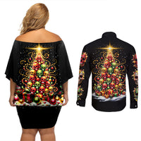 Christmas Sugar Skull Couples Matching Off Shoulder Short Dress and Long Sleeve Button Shirt Christmas Tree Sugar Skull - Wonder Print Shop
