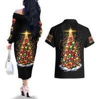 Christmas Sugar Skull Couples Matching Off The Shoulder Long Sleeve Dress and Hawaiian Shirt Christmas Tree Sugar Skull - Wonder Print Shop