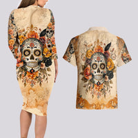 Sugar Skull Couples Matching Long Sleeve Bodycon Dress and Hawaiian Shirt Rose Sugar Skull Vintage - Wonder Print Shop