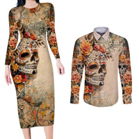 Sugar Skull Couples Matching Long Sleeve Bodycon Dress and Long Sleeve Button Shirt Rose Sugar Skull Vintage - Wonder Print Shop