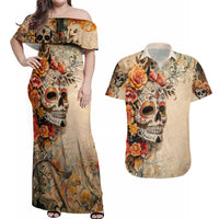 Sugar Skull Couples Matching Off Shoulder Maxi Dress and Hawaiian Shirt Rose Sugar Skull Vintage - Wonder Print Shop