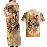 Sugar Skull Couples Matching Off Shoulder Maxi Dress and Hawaiian Shirt Rose Sugar Skull Vintage - Wonder Print Shop