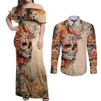 Sugar Skull Couples Matching Off Shoulder Maxi Dress and Long Sleeve Button Shirt Rose Sugar Skull Vintage - Wonder Print Shop