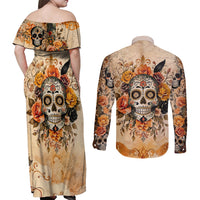 Sugar Skull Couples Matching Off Shoulder Maxi Dress and Long Sleeve Button Shirt Rose Sugar Skull Vintage - Wonder Print Shop