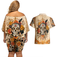 Sugar Skull Couples Matching Off Shoulder Short Dress and Hawaiian Shirt Rose Sugar Skull Vintage - Wonder Print Shop