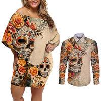 Sugar Skull Couples Matching Off Shoulder Short Dress and Long Sleeve Button Shirt Rose Sugar Skull Vintage - Wonder Print Shop