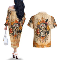 Sugar Skull Couples Matching Off The Shoulder Long Sleeve Dress and Hawaiian Shirt Rose Sugar Skull Vintage - Wonder Print Shop