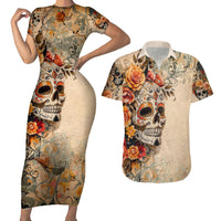 Sugar Skull Couples Matching Short Sleeve Bodycon Dress and Hawaiian Shirt Rose Sugar Skull Vintage - Wonder Print Shop