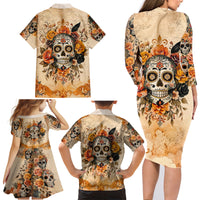 Sugar Skull Family Matching Long Sleeve Bodycon Dress and Hawaiian Shirt Rose Sugar Skull Vintage - Wonder Print Shop