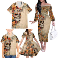 Sugar Skull Family Matching Off Shoulder Long Sleeve Dress and Hawaiian Shirt Rose Sugar Skull Vintage - Wonder Print Shop