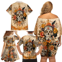 Sugar Skull Family Matching Off Shoulder Short Dress and Hawaiian Shirt Rose Sugar Skull Vintage - Wonder Print Shop