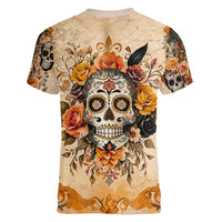 Sugar Skull Women V Neck T Shirt Rose Sugar Skull Vintage - Wonder Print Shop