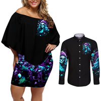 Christmas Skull Girl Couples Matching Off Shoulder Short Dress and Long Sleeve Button Shirt Warning This Tattooed Girl Does Not Play With Stupid People - Wonder Print Shop