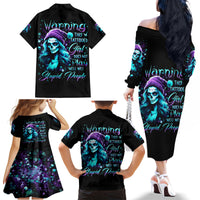 Christmas Skull Girl Family Matching Off Shoulder Long Sleeve Dress and Hawaiian Shirt Warning This Tattooed Girl Does Not Play With Stupid People - Wonder Print Shop