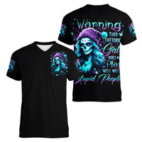 Christmas Skull Girl Women V Neck T Shirt Warning This Tattooed Girl Does Not Play With Stupid People - Wonder Print Shop
