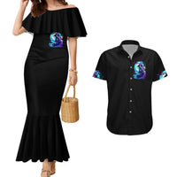 Black off-shoulder mermaid dress and black button-up shirt with blue skull graphic