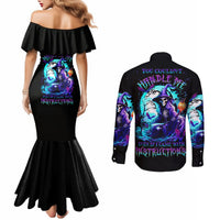 Black off-shoulder mermaid dress and black long-sleeve button shirt with blue skull print.