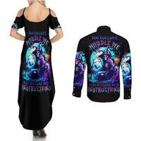 Black maxi dress and black long-sleeve button shirt set with colorful skull graphic on back