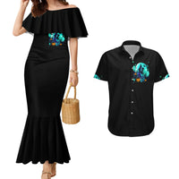 Black mermaid maxi dress with off-shoulder ruffle and blue skull print; black button shirt