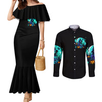Black mermaid Halloween dress with off-shoulder ruffle and teal skull print; long-sleeve button shirt