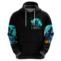 Black pullover hoodie with teal witch skull chest graphic, hood, and kangaroo pocket